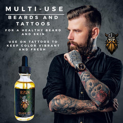 Veien beard oil dropper-cap close-up highlighting premium natural ingredients.