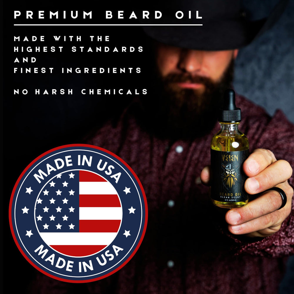 Veien beard oil label confirms Made in USA quality.