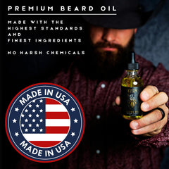 Veien beard oil label confirms Made in USA quality.