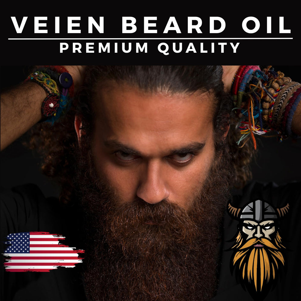 Veien beard oil packaging side view signals sustainable branding.
