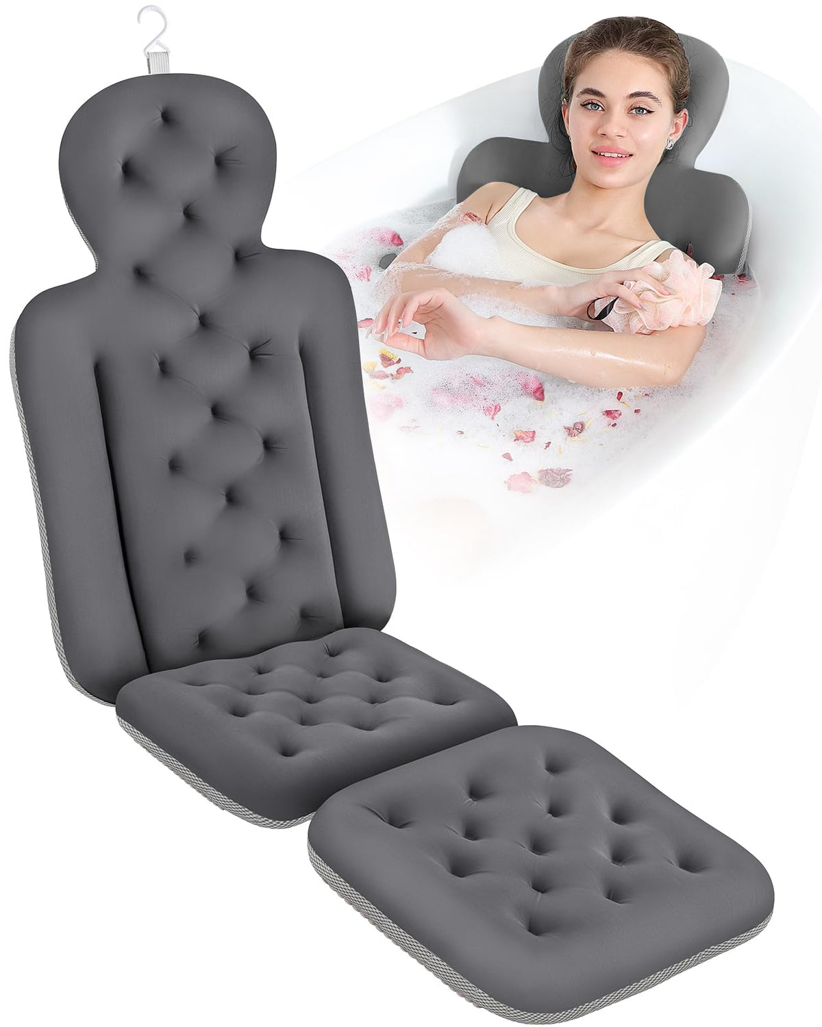 VEILS bath pillow full-body back support highlights spa-like tub comfort.