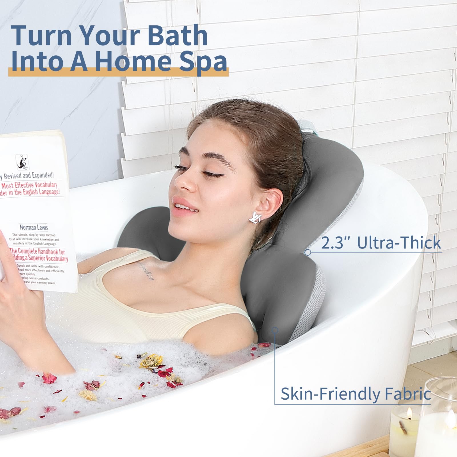VEILS bath pillow thickened-cushioning offers extra soft support for relaxed soaks.