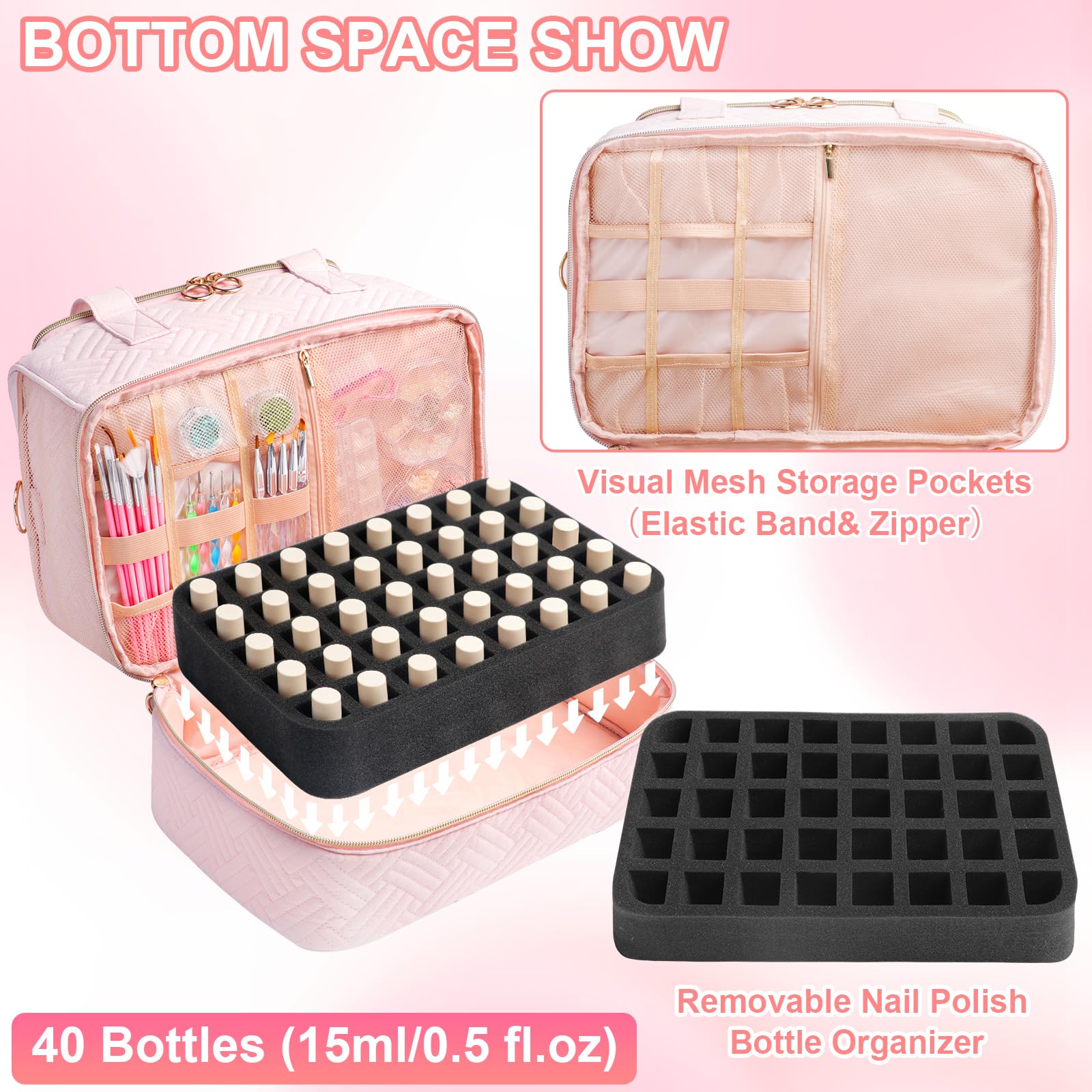 Veirdro Nail Polish Organizer Bag lower compartments showcase extra storage and sponge area.