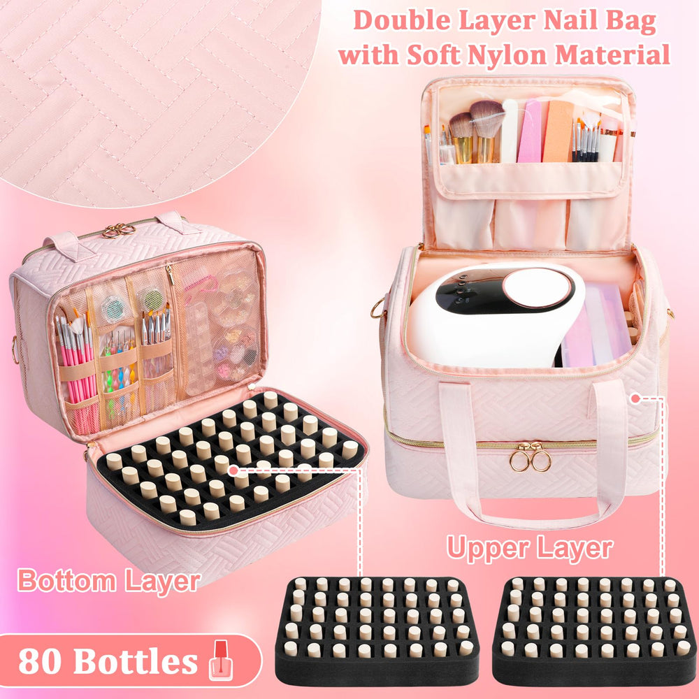 Veirdro Nail Polish Organizer Bag open dual-layer layout for quick access and organization.