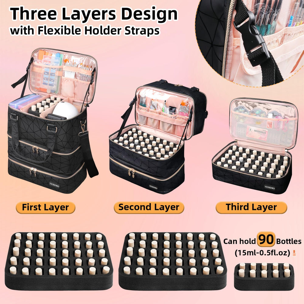 Veirdro nail-polish-organizer detachable-dividers illustrate flexible layout for bottles and tools.