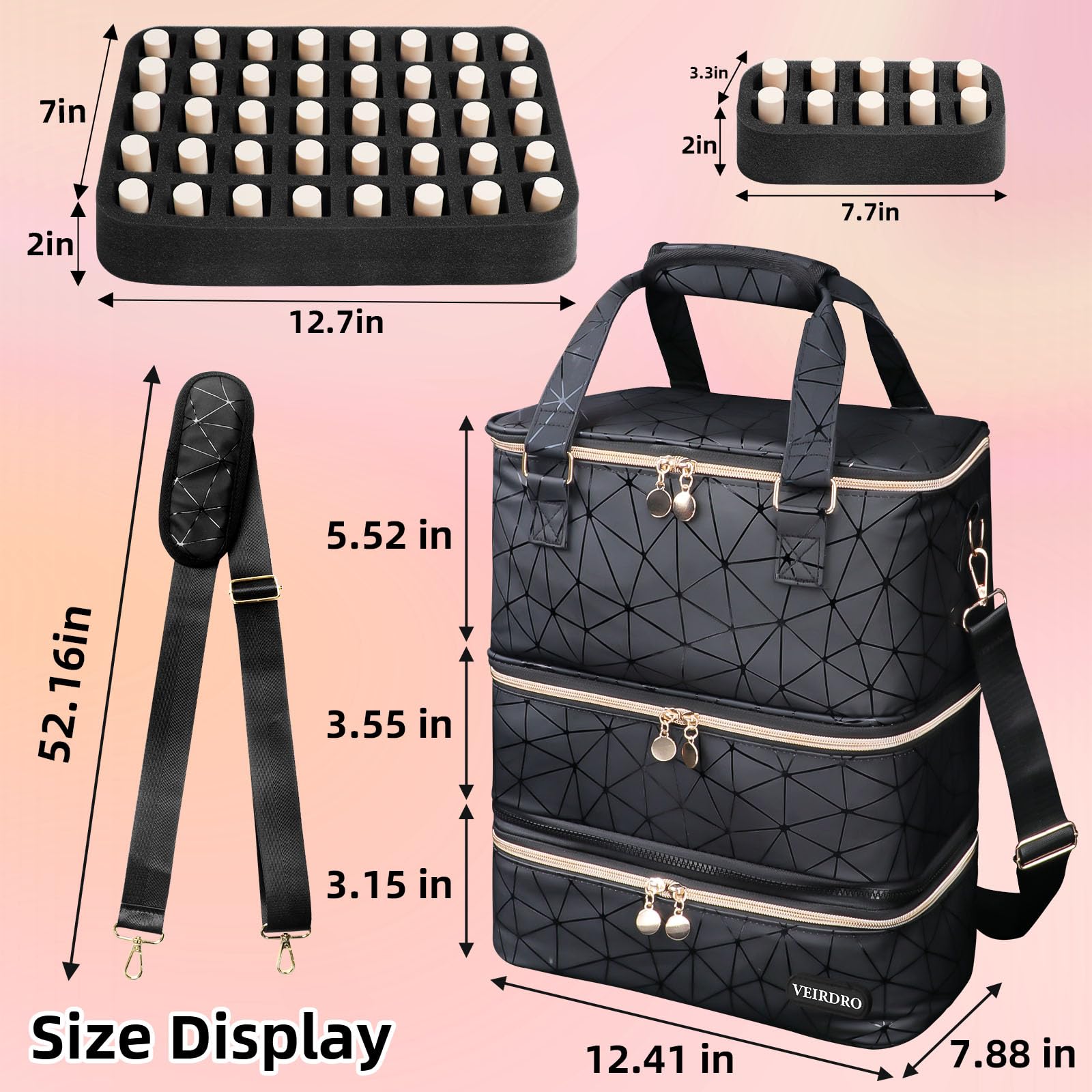 Veirdro nail-polish-organizer dimensions 12-41x7-88x12-22 for scale and planning.