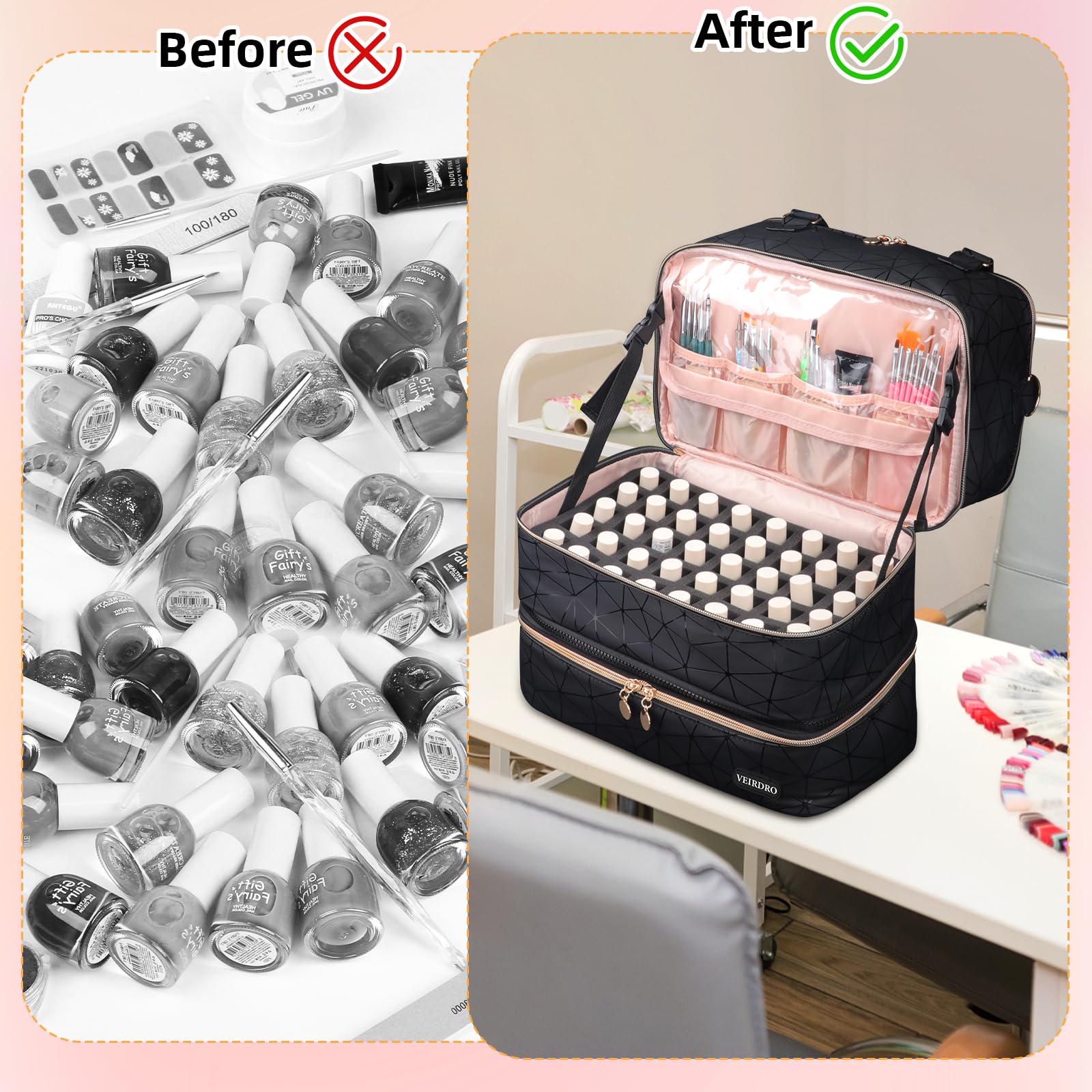 Veirdro nail-polish-organizer multiple-pockets keep brushes, tools, and polishes organized.