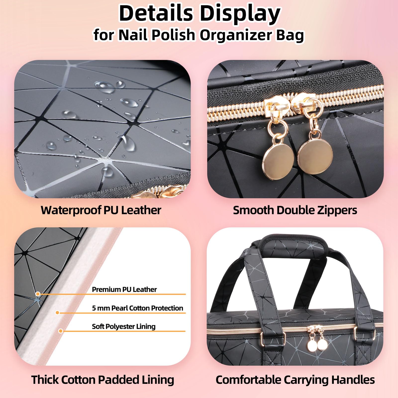 Veirdro nail-polish-organizer waterproof-pu-leather exterior protects contents from splashes.