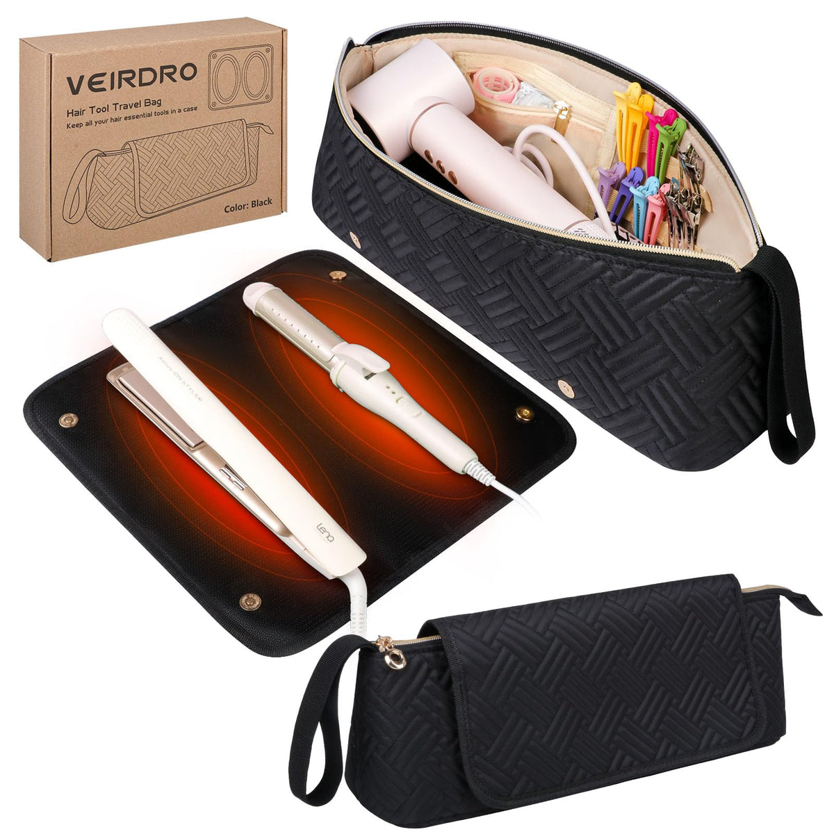 Veirdro travel bag with heat-resistant mat protecting hot tools during travel.