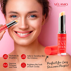VELAMO ADVANCED eye stick application demonstrates quick, easy nightly use around the eye area.