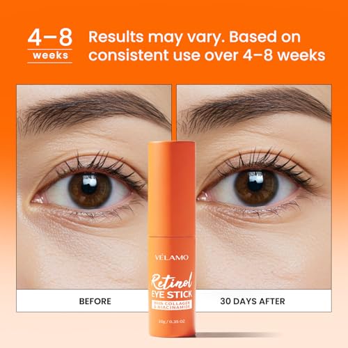 VELAMO ADVANCED Retinol Eye Balm Stick close-up shows non-greasy finish.