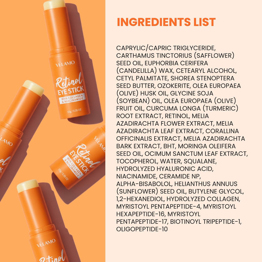 VELAMO ADVANCED Retinol Eye Balm Stick ingredients panel highlights collagen and peptides.
