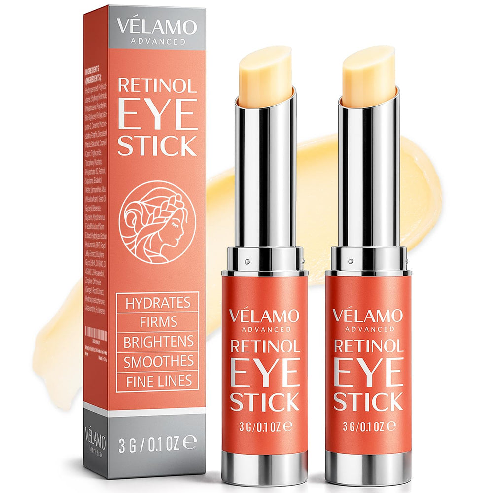 VELAMO ADVANCED Retinol Eye Stick packaging showcases a compact, travel-friendly design for on-the-go skincare.
