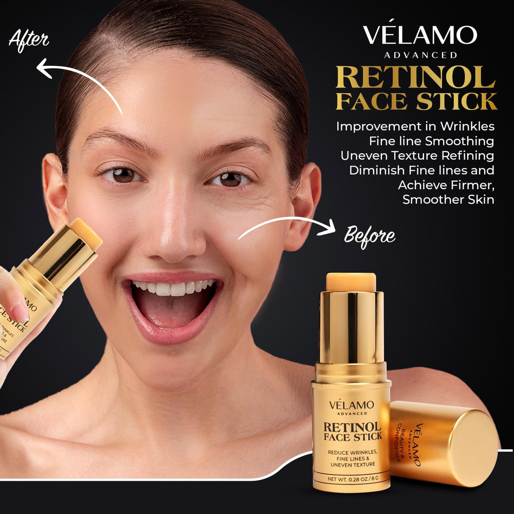 VELAMO ADVANCED Retinol Face Stick application on skin enables precise, even coverage for targeted aging care.