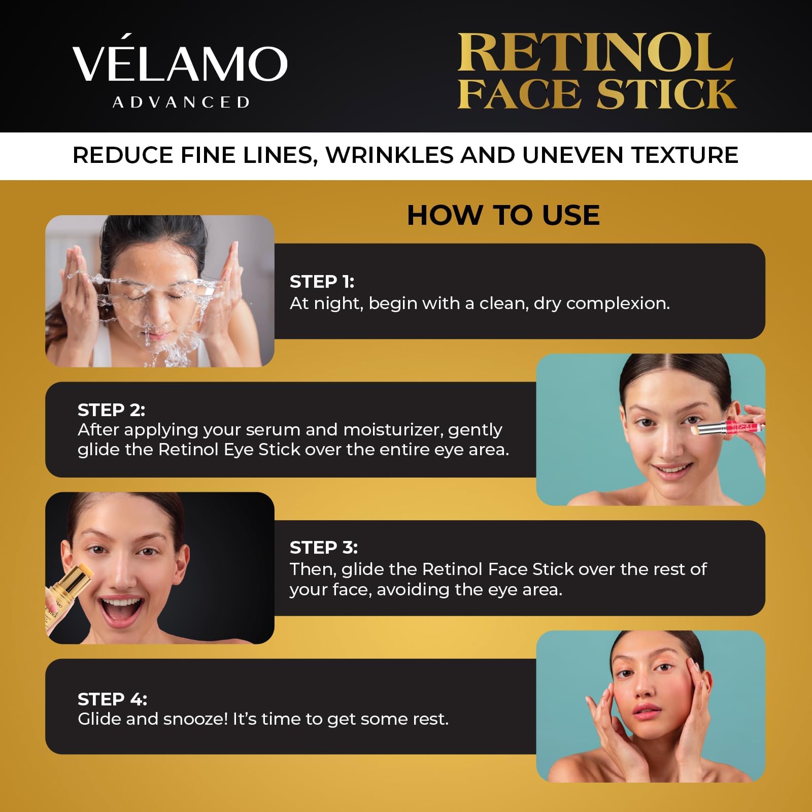 VELAMO ADVANCED Retinol Face Stick night-routine use supports smoother skin over time.