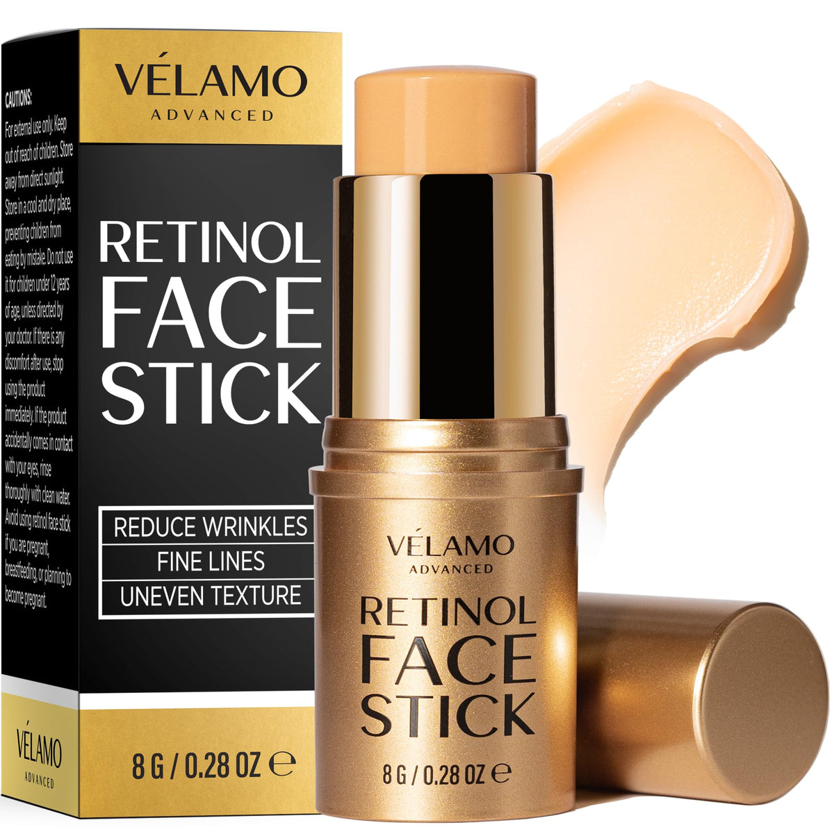 VELAMO ADVANCED Retinol Face Stick packaging for easy, at-a-glance anti-aging routine.