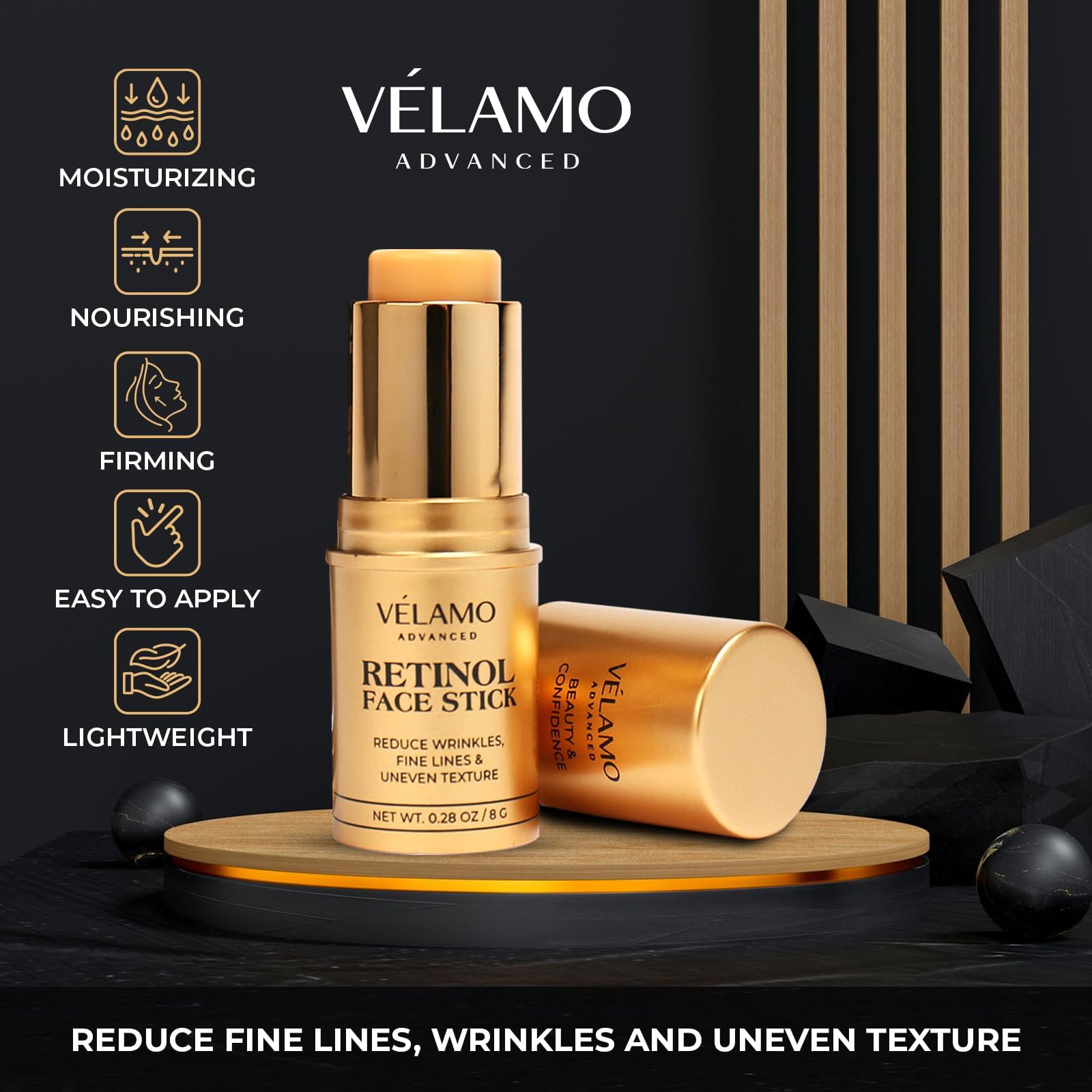 VELAMO ADVANCED Retinol Face Stick swatch highlights a rich, blendable cream for daily use.