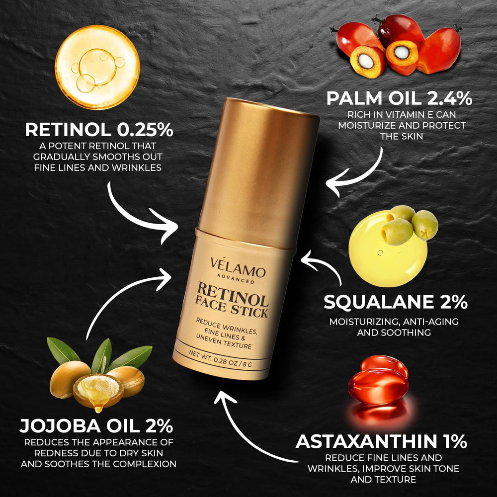 VELAMO ADVANCED Retinol Face Stick twist-cap highlights portable design for on-the-go care.