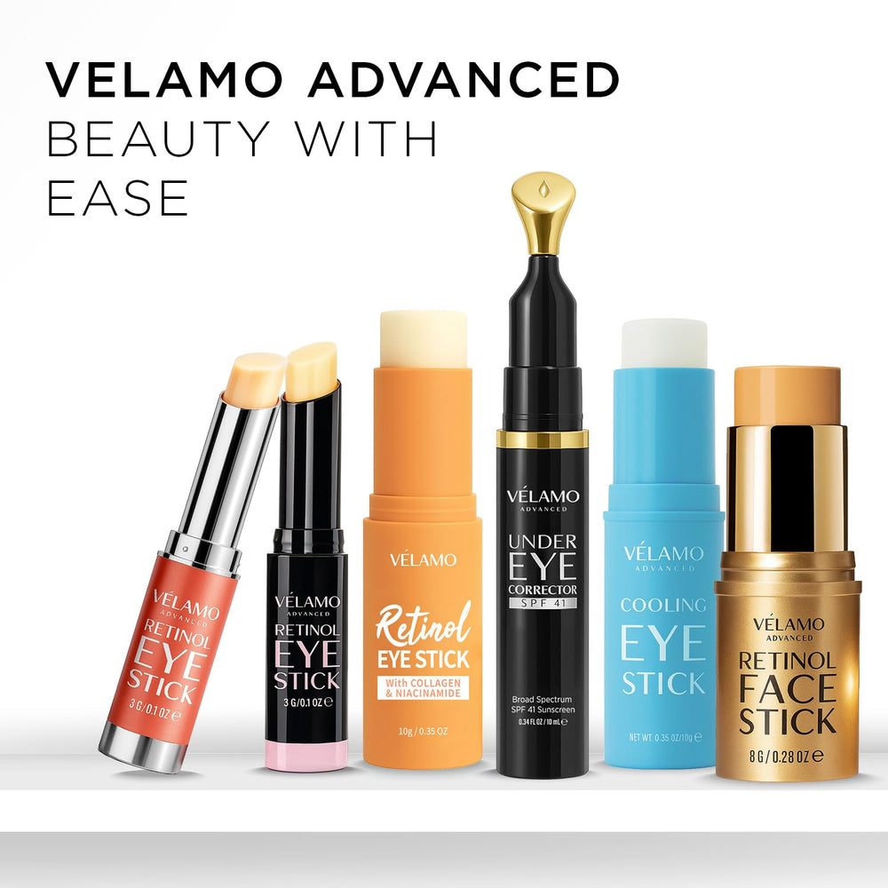 VELAMO ADVANCED travel-friendly stick design image emphasizes portable, mess-free daily eye care