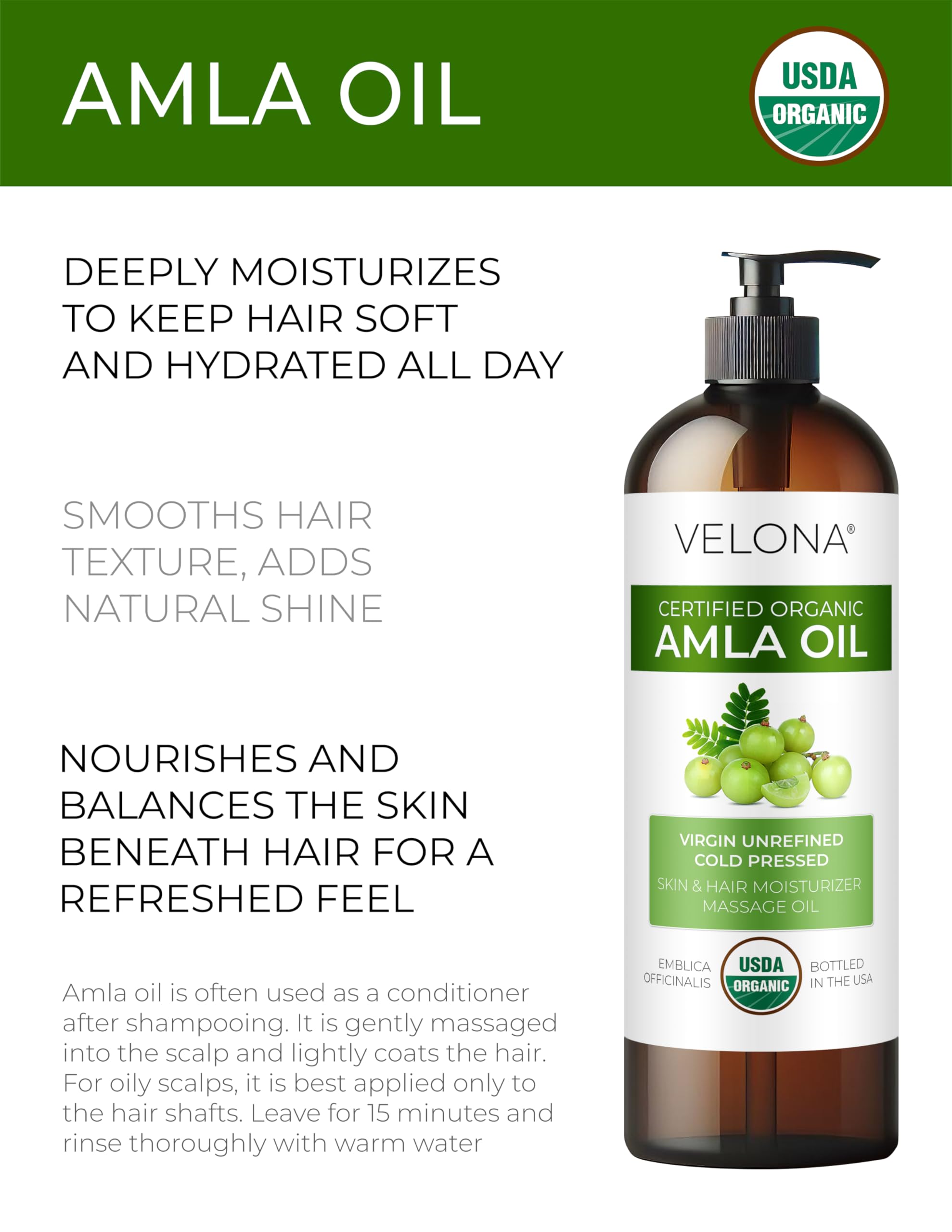 Velona Amla Oil label USDA image emphasizes certified organic quality and non-toxicity