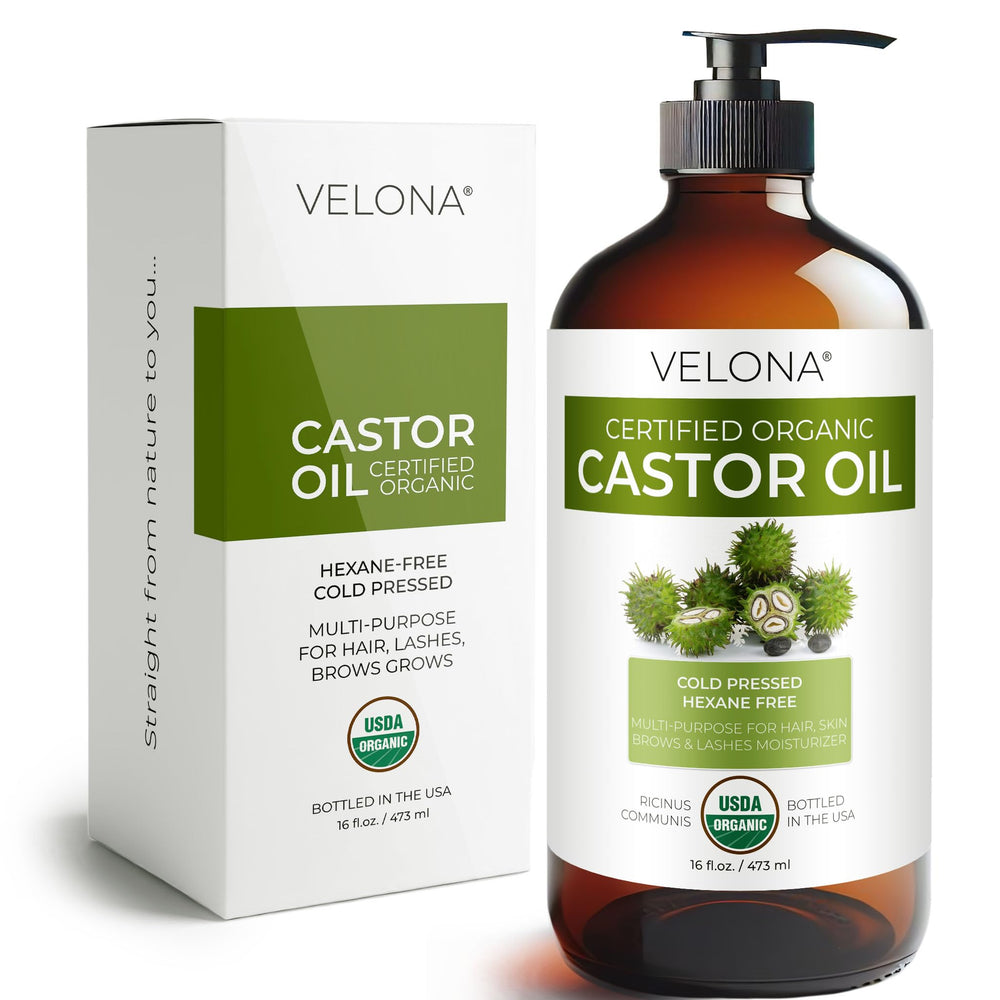 Velona castor oil 16oz glass bottle front shows pure, non-toxic skincare and hair care potential.