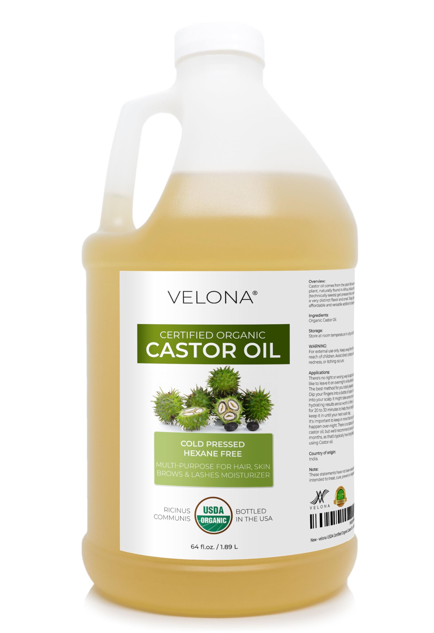 Velona castor oil bottle 64oz for hair moisture boost and shine.