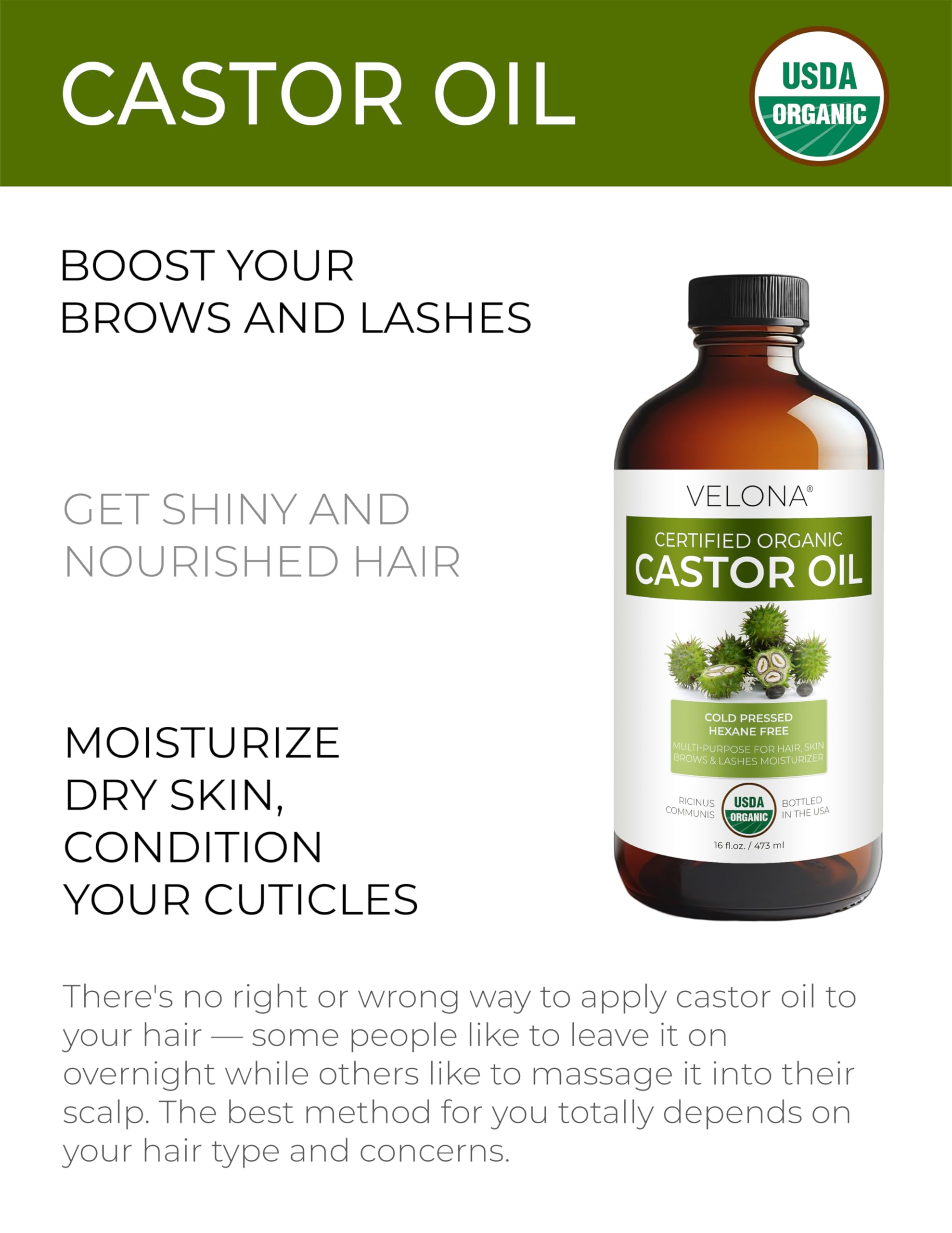 Velona castor oil pour bottle ready for hair, lash, or brow care routines.