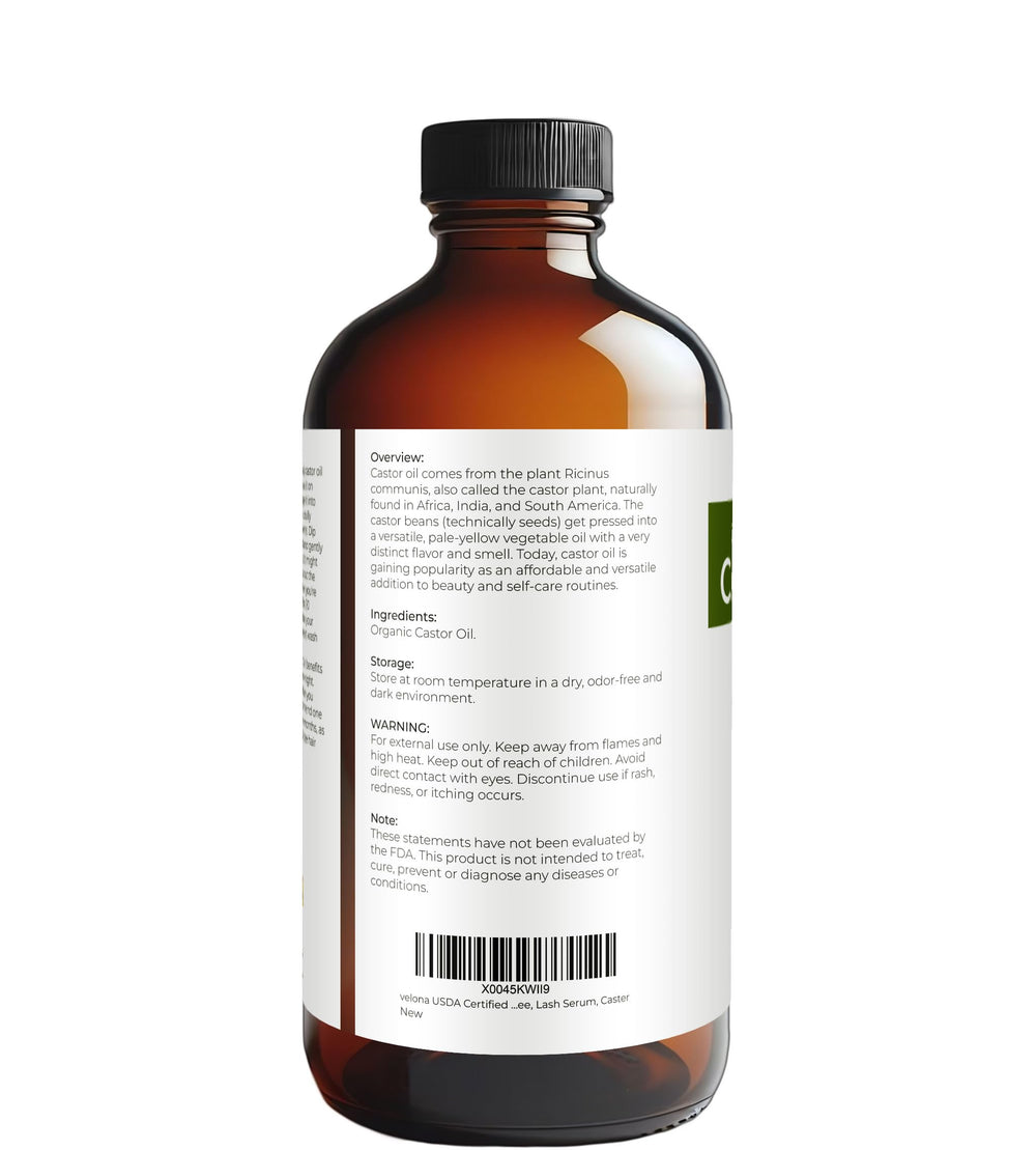 Velona castor oil USDA Organic label on bottle emphasizes premium, organic sourcing.