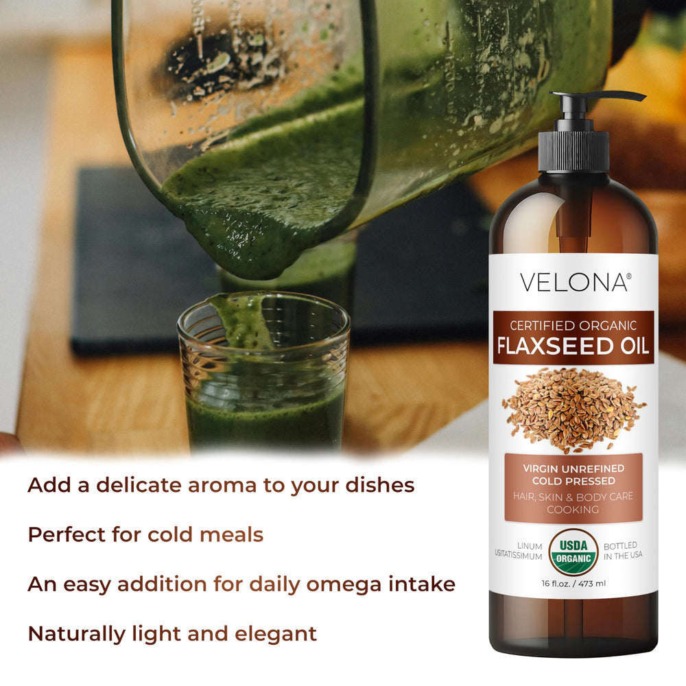 Velona flaxseed oil drops on skin suggesting nourishing self-care routine