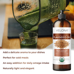 Velona flaxseed oil drops on skin suggesting nourishing self-care routine