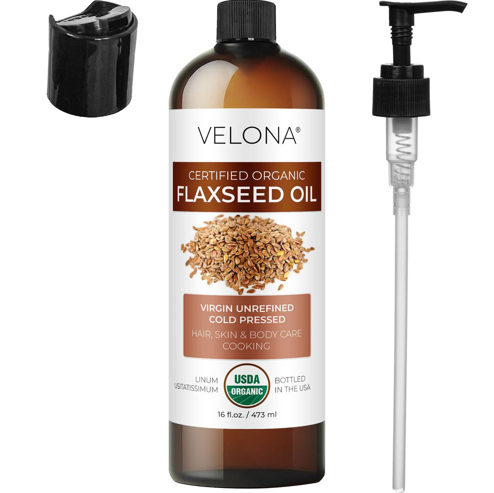 Velona flaxseed oil hair-use scene shows shine and manageability