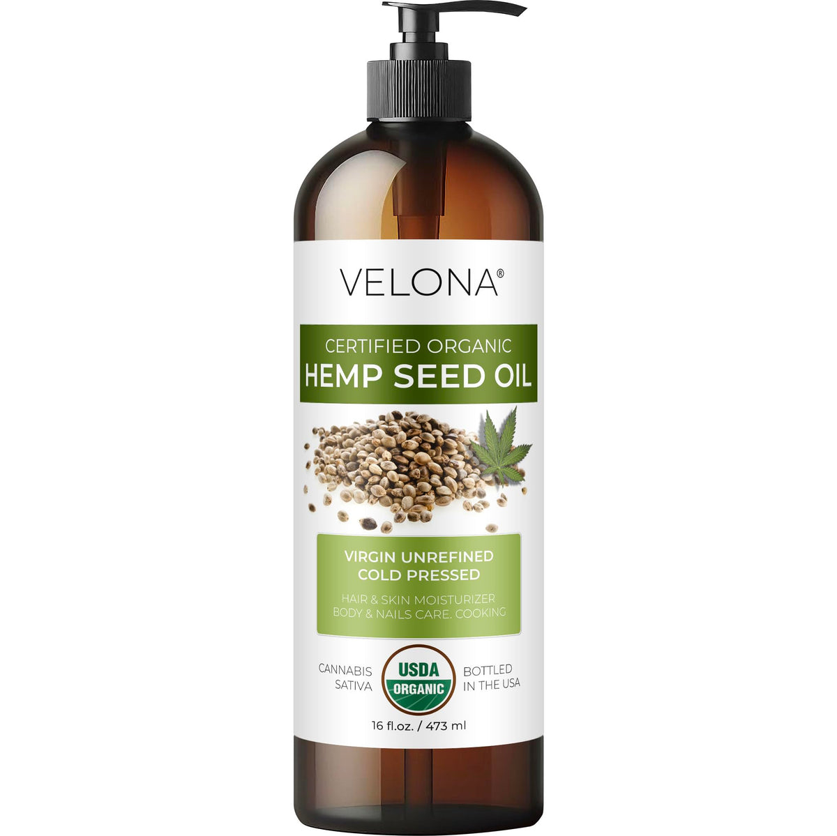 Velona hemp seed oil bottle shows a pure carrier oil for skin, hair, and culinary use