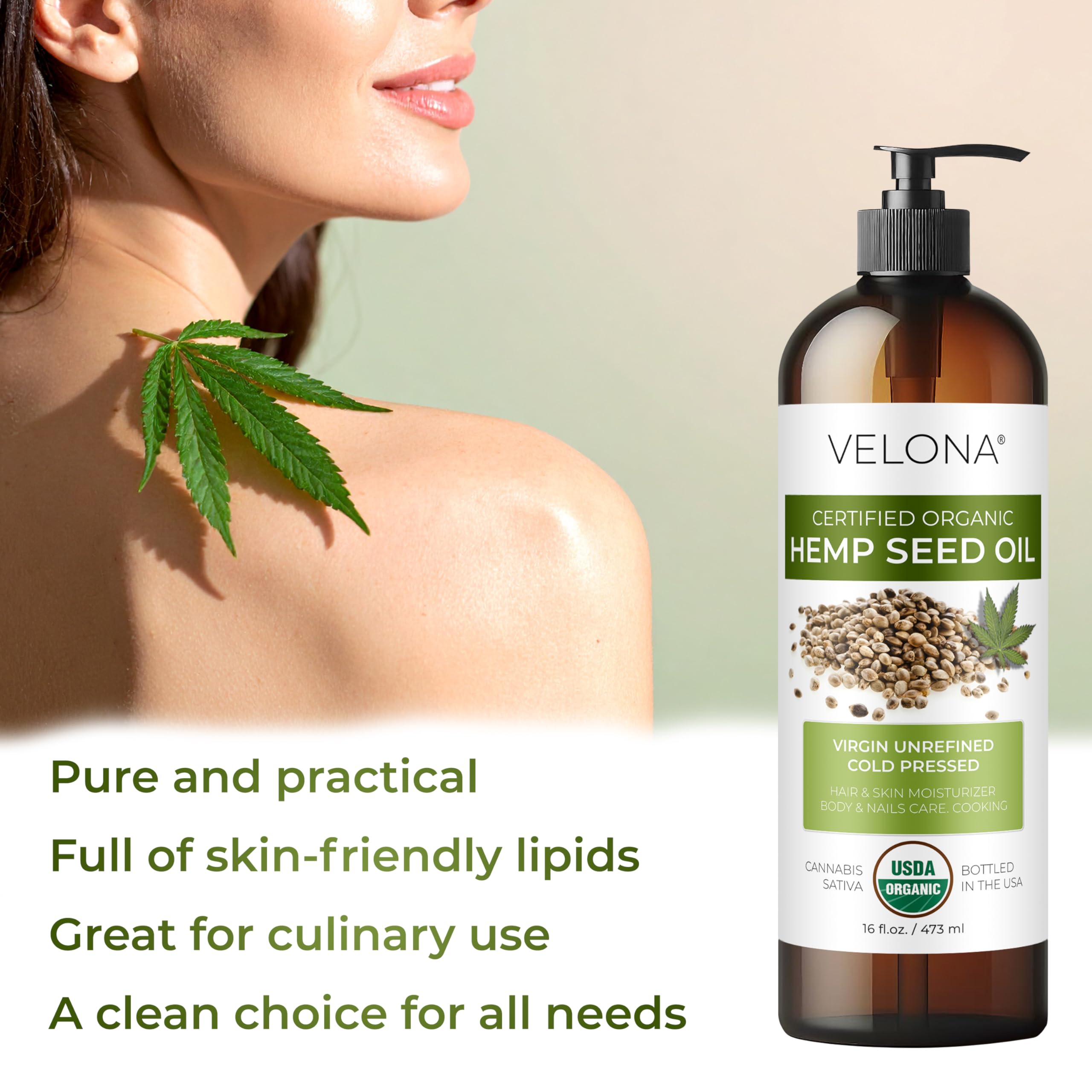 Velona hemp-seed-oil-skin-care-closeup emphasizes soft balanced skin from daily use