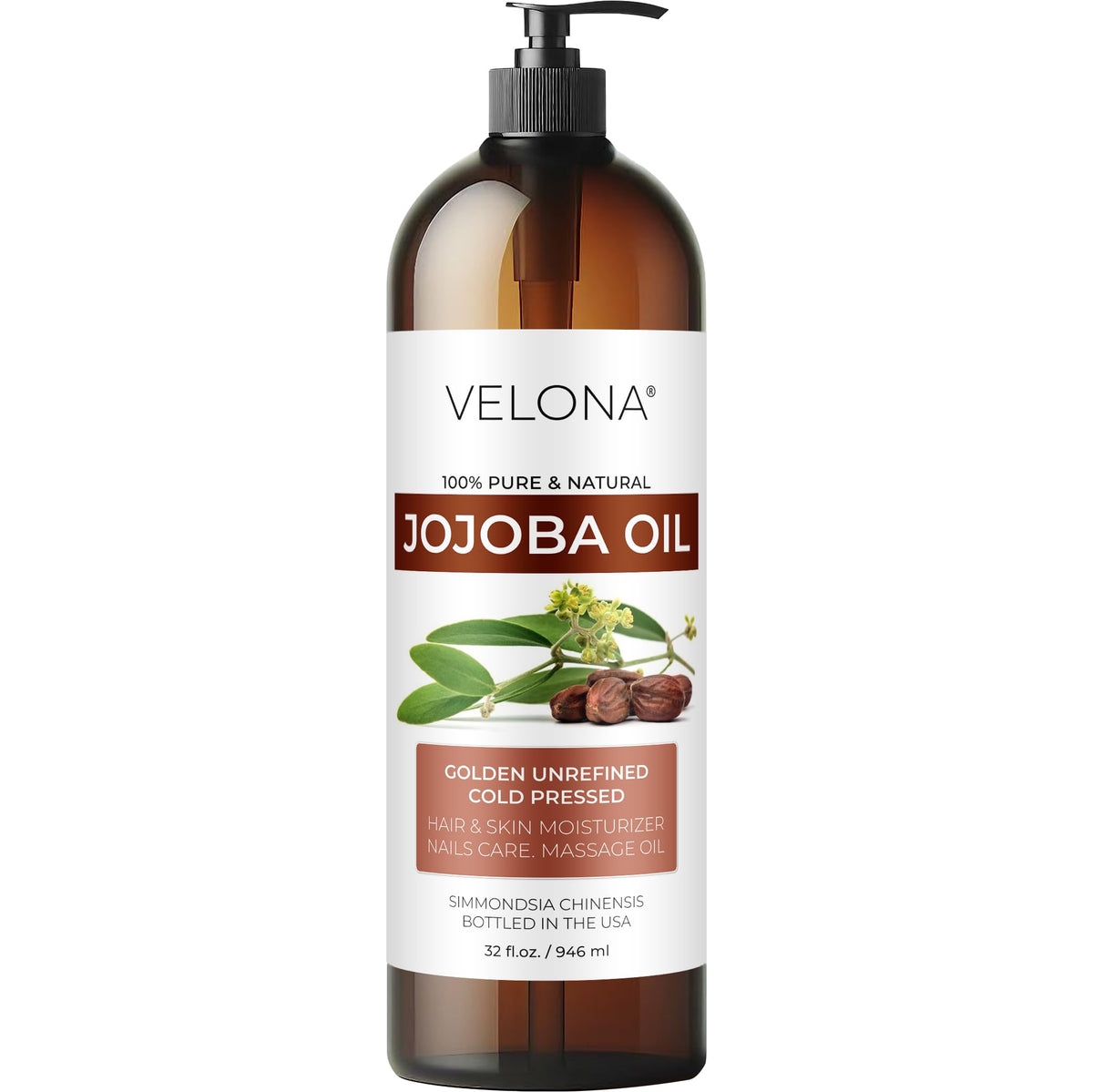 Velona Jojoba Oil 32oz bottle with pump for easy daily moisture.