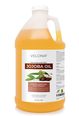 Velona Jojoba Oil 64oz bottle highlights pure, unrefined hydration for face, hair, and skin.