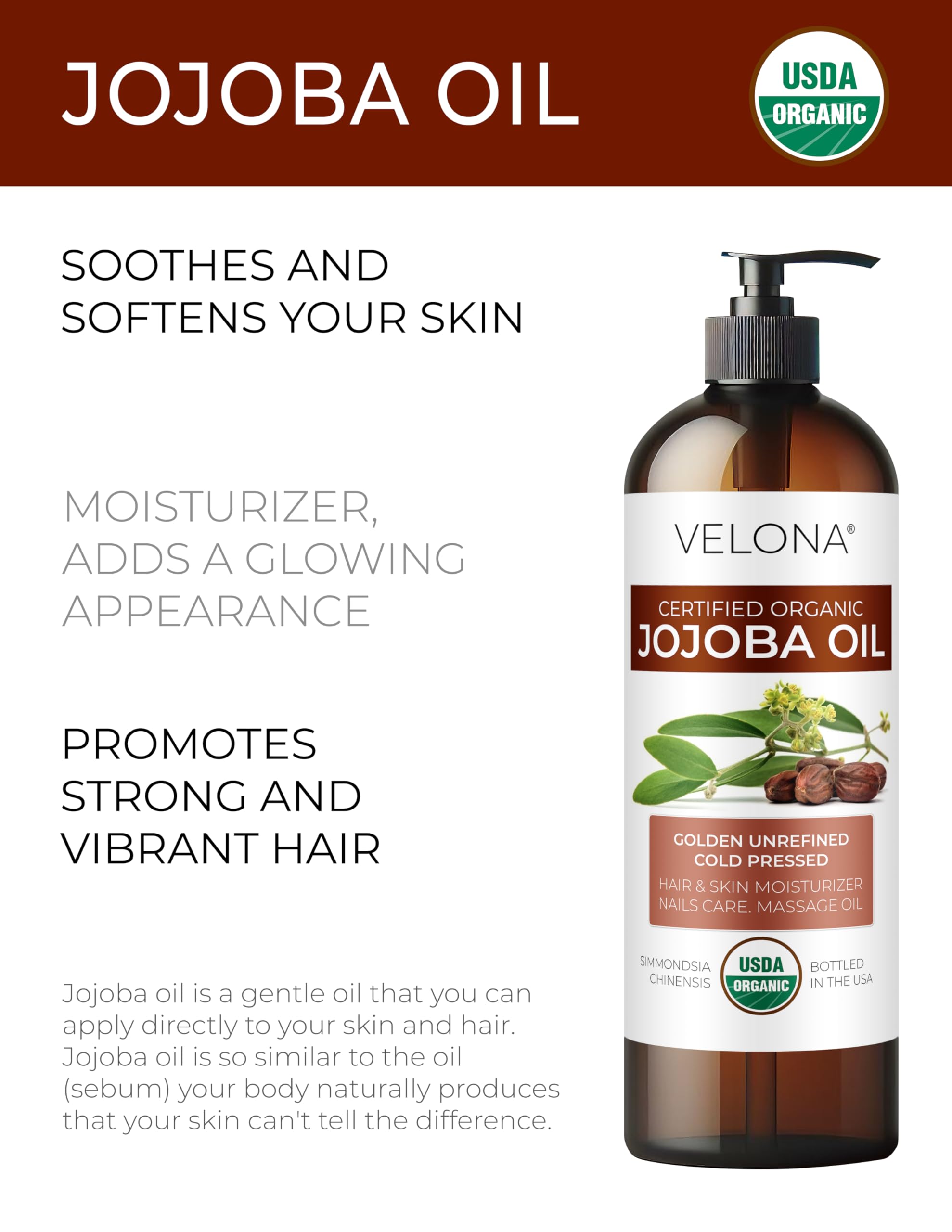 Velona Jojoba Oil amber glass bottle showcasing golden oil for nourishing skin