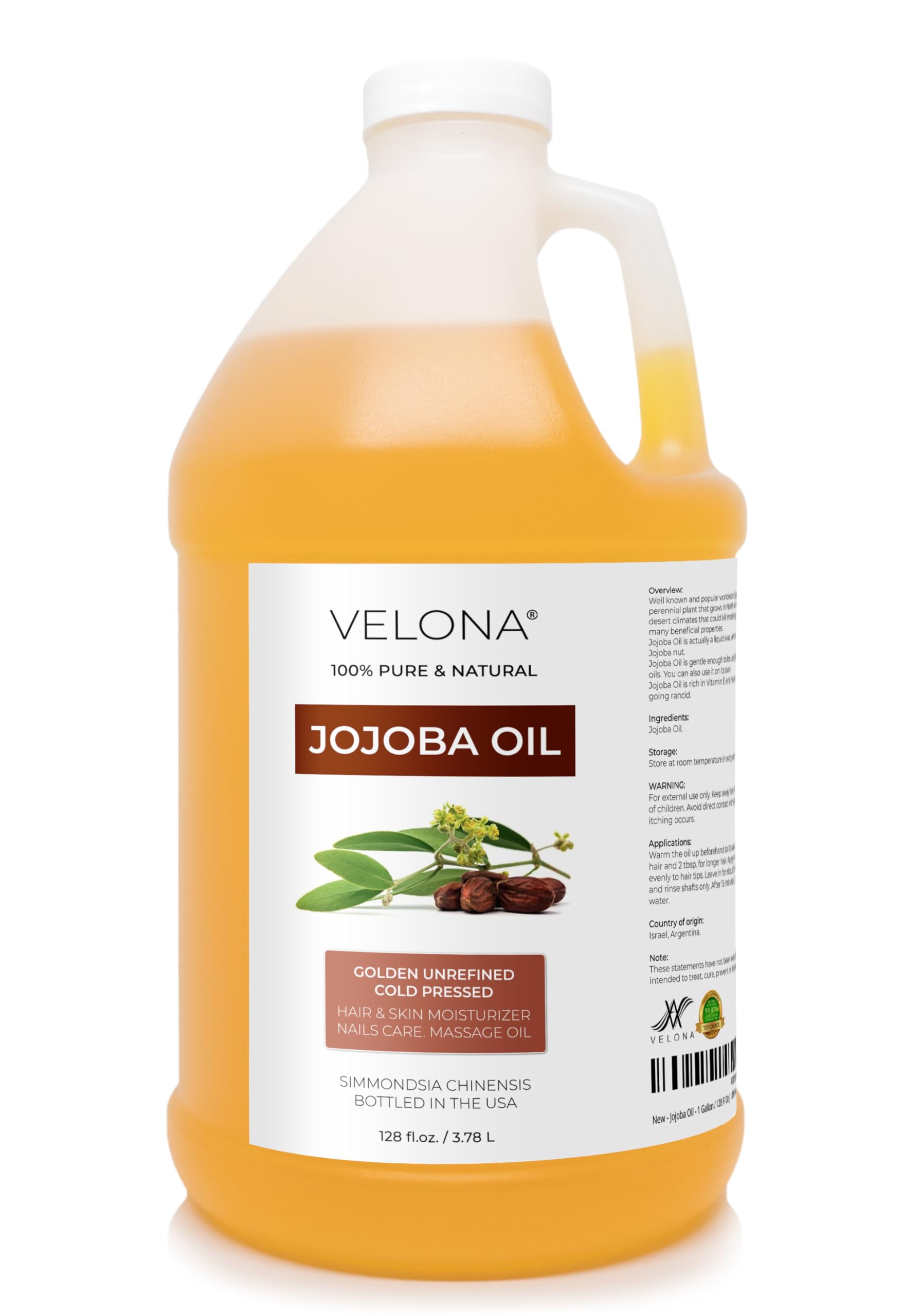 Velona Jojoba Oil bottle close-up reveals golden hue for skin hydration.