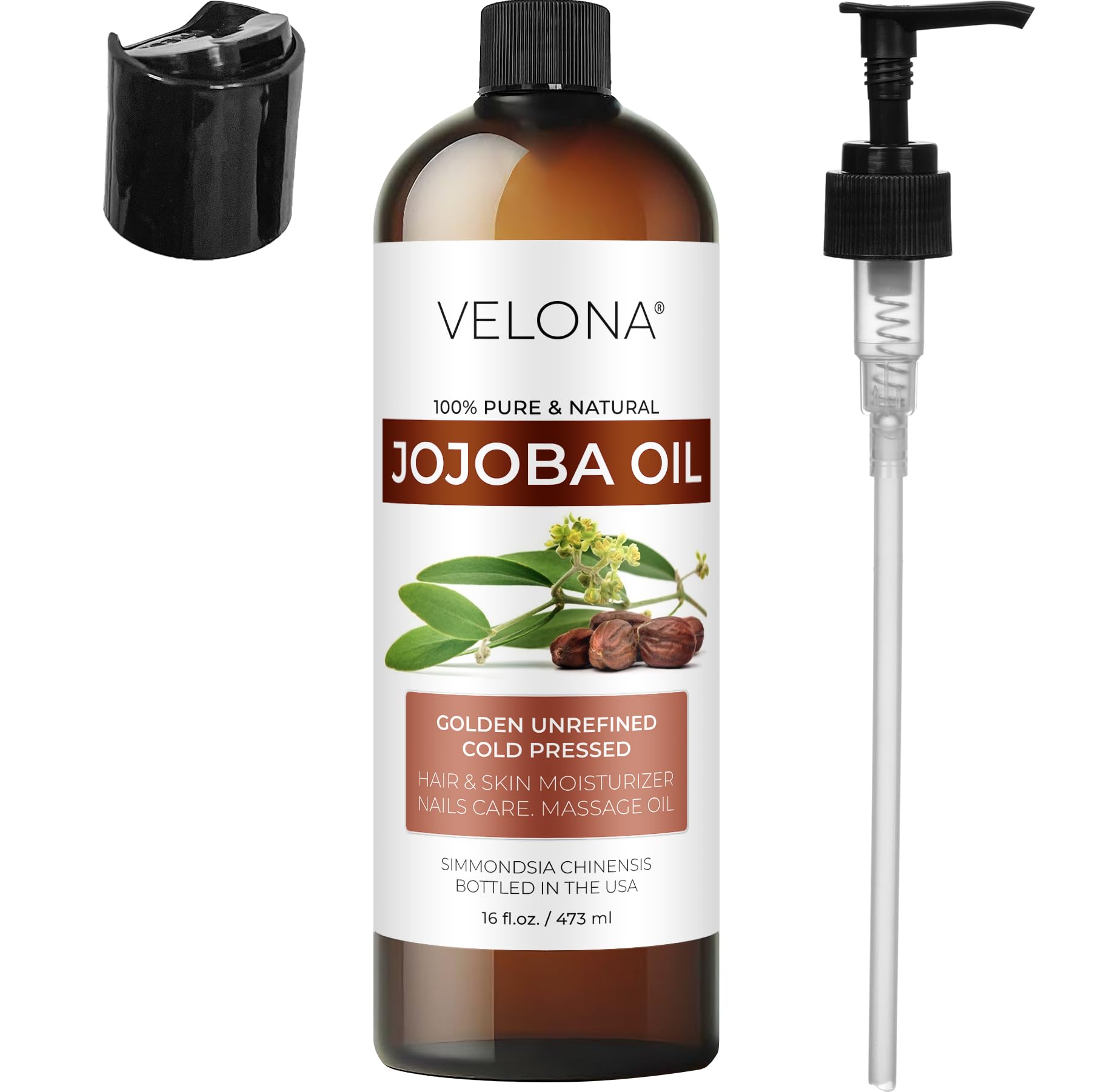 Velona Jojoba Oil bottle with pump beside skincare routine setup.