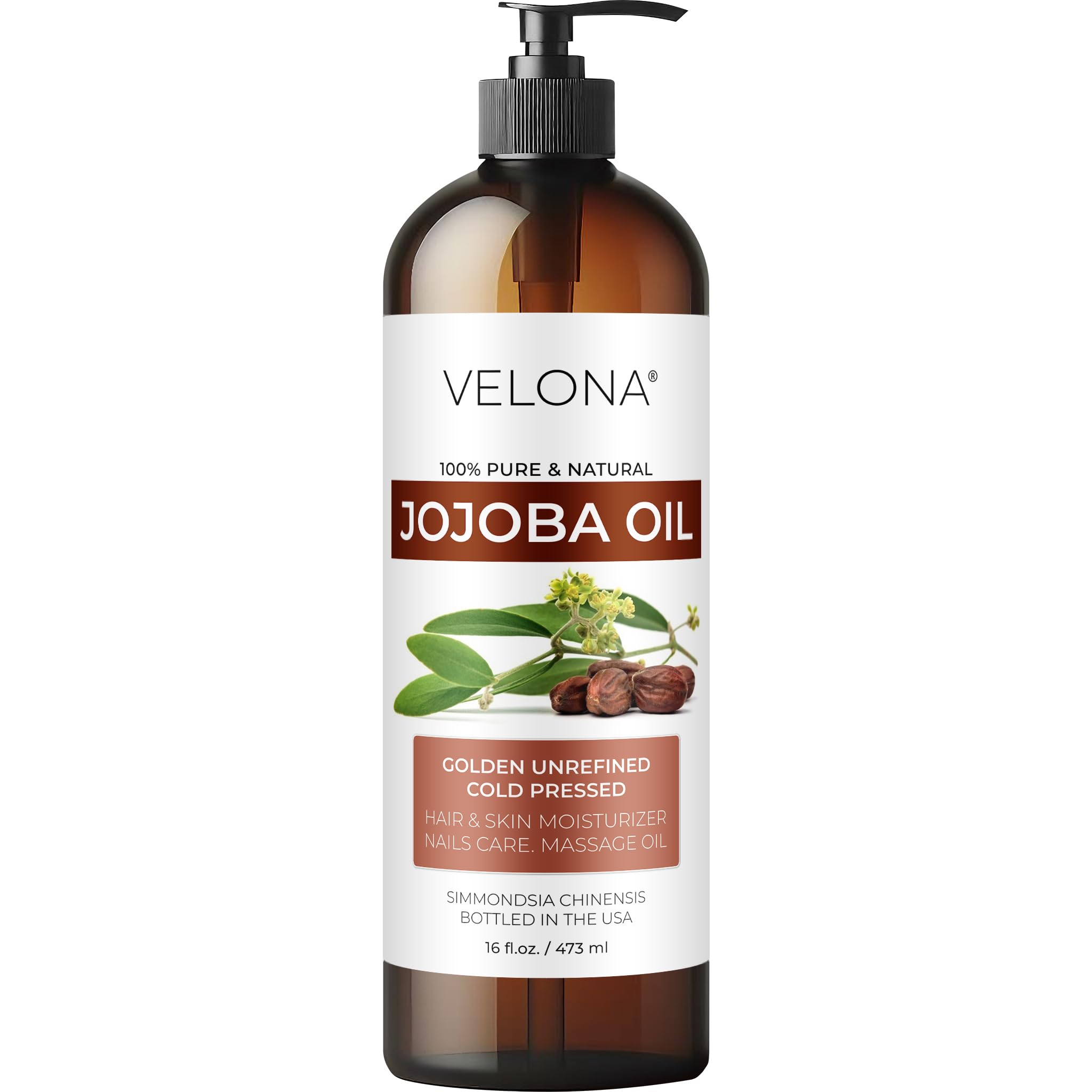 Velona Jojoba Oil bottle with pump, multipurpose hydration for face and hair.