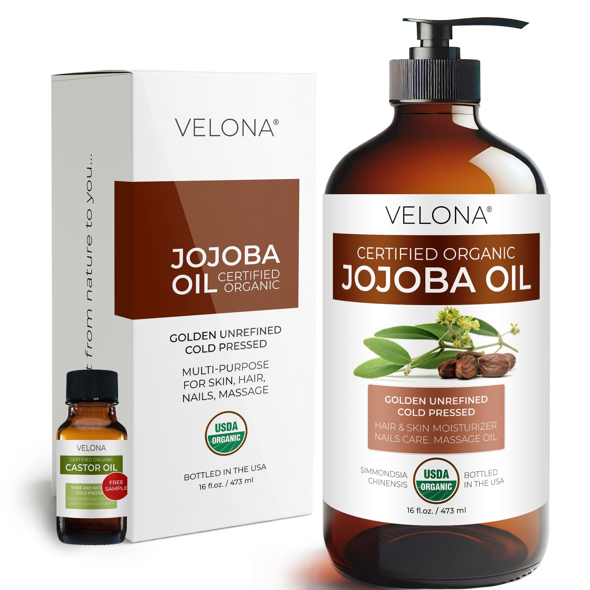 Velona Jojoba Oil bottle shows pure, organic hydration for skin.