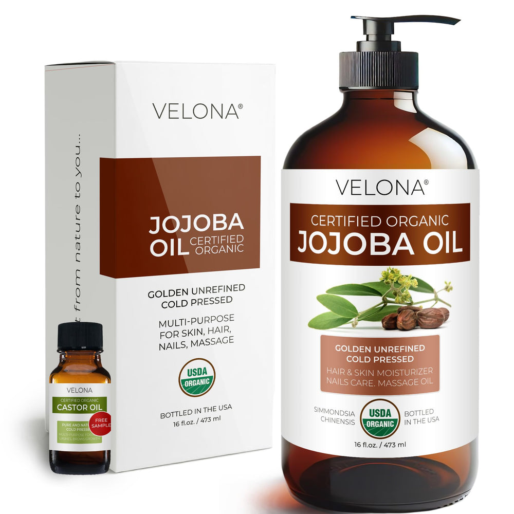 Velona Jojoba Oil bottle shows pure, organic hydration for skin.