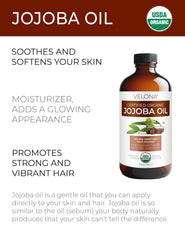 Velona Jojoba Oil fragrance-free bottle emphasizes purity for sensitive skin.