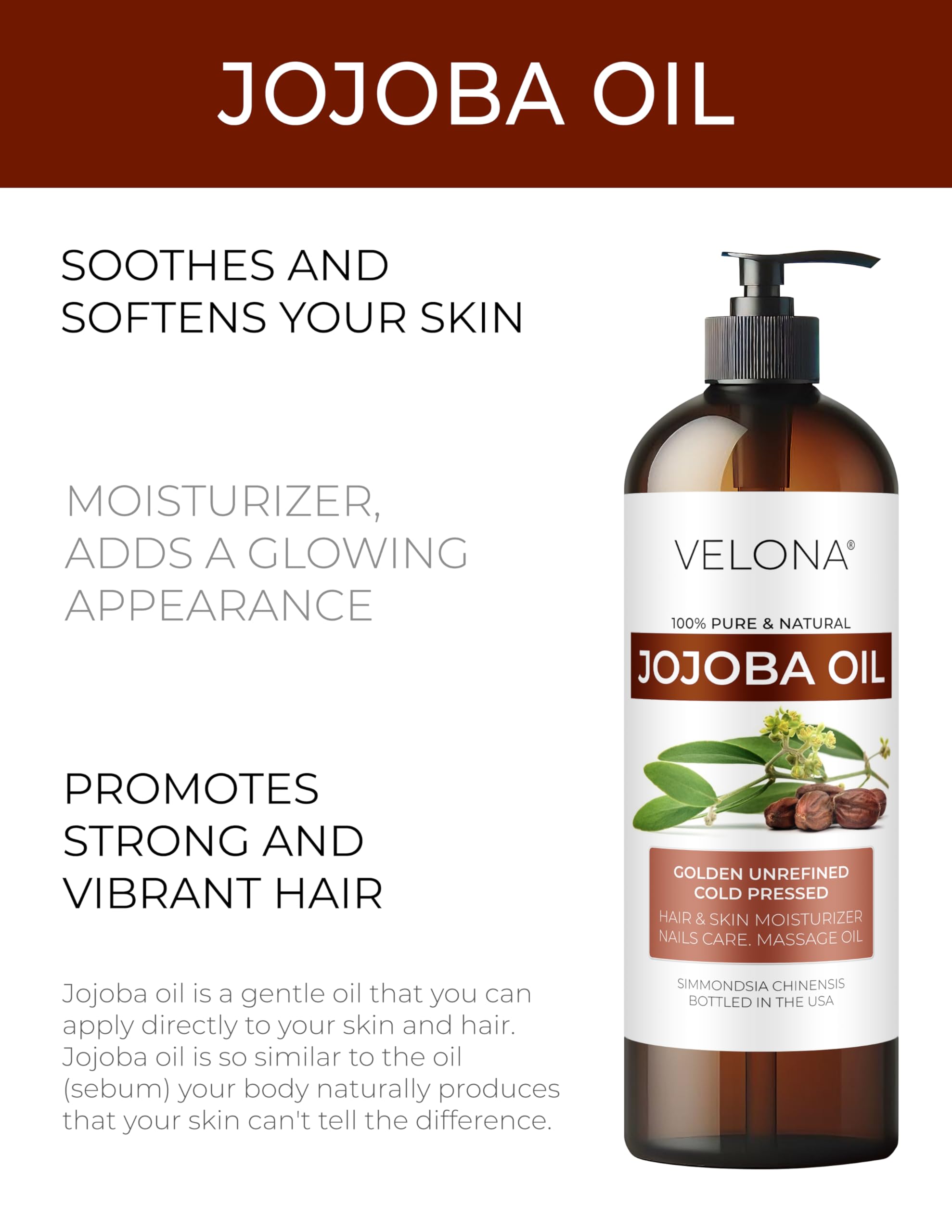 Velona Jojoba Oil golden liquid close-up emphasizes pure, cold-pressed formula for skin.