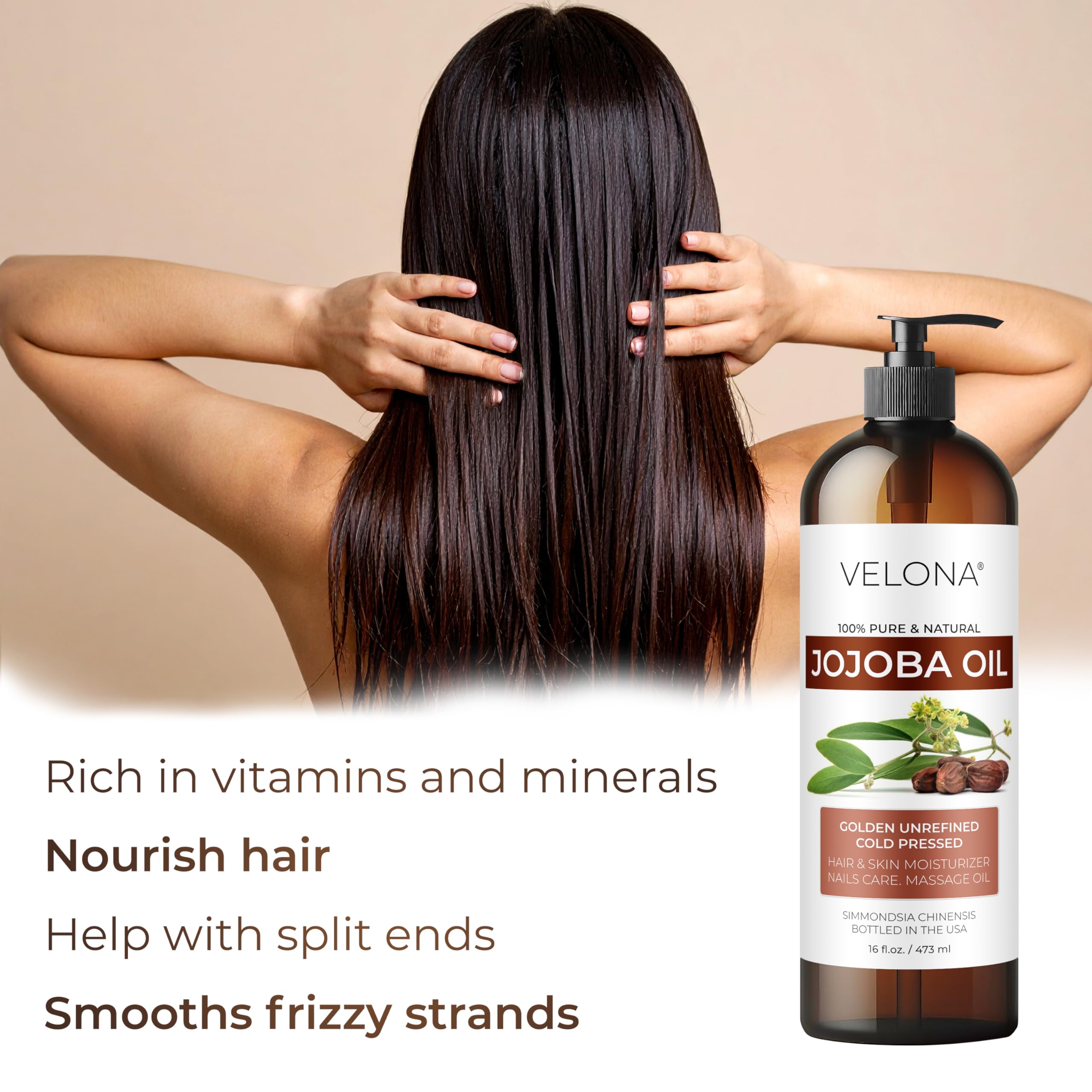 Velona Jojoba Oil hair-softening application adds shine and helps manage frizz.