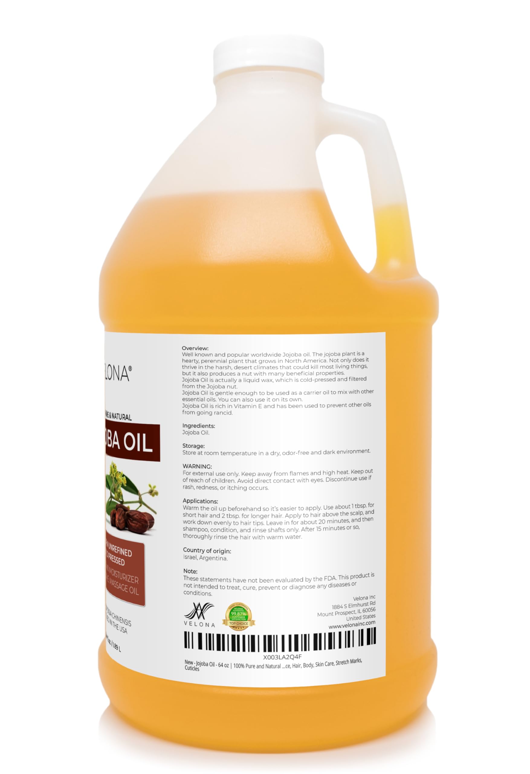 Velona Jojoba Oil label highlights cold-pressed, hexane-free, 100% pure and natural.