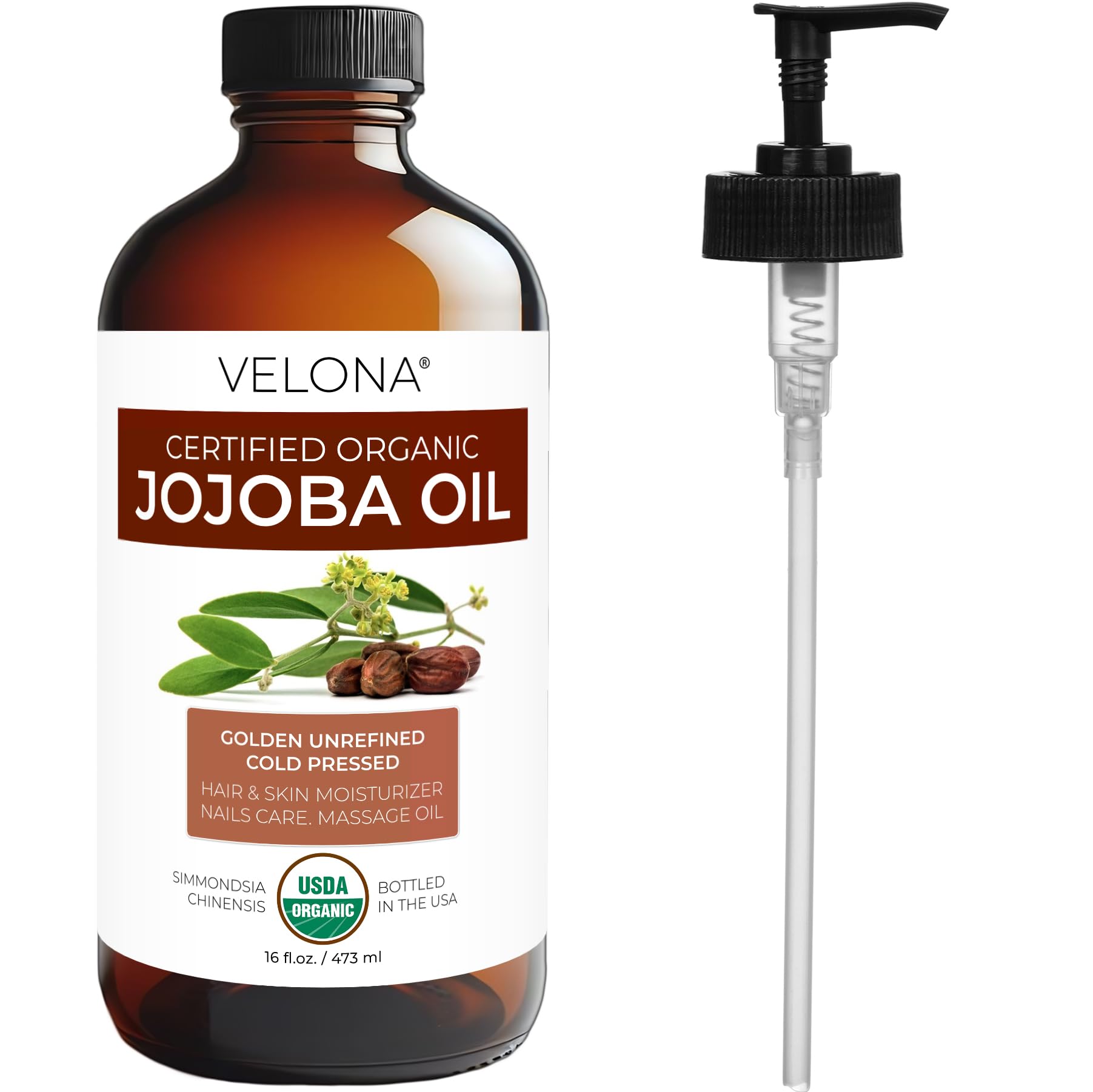 Velona Jojoba Oil USA bottled packaging supports domestic production.