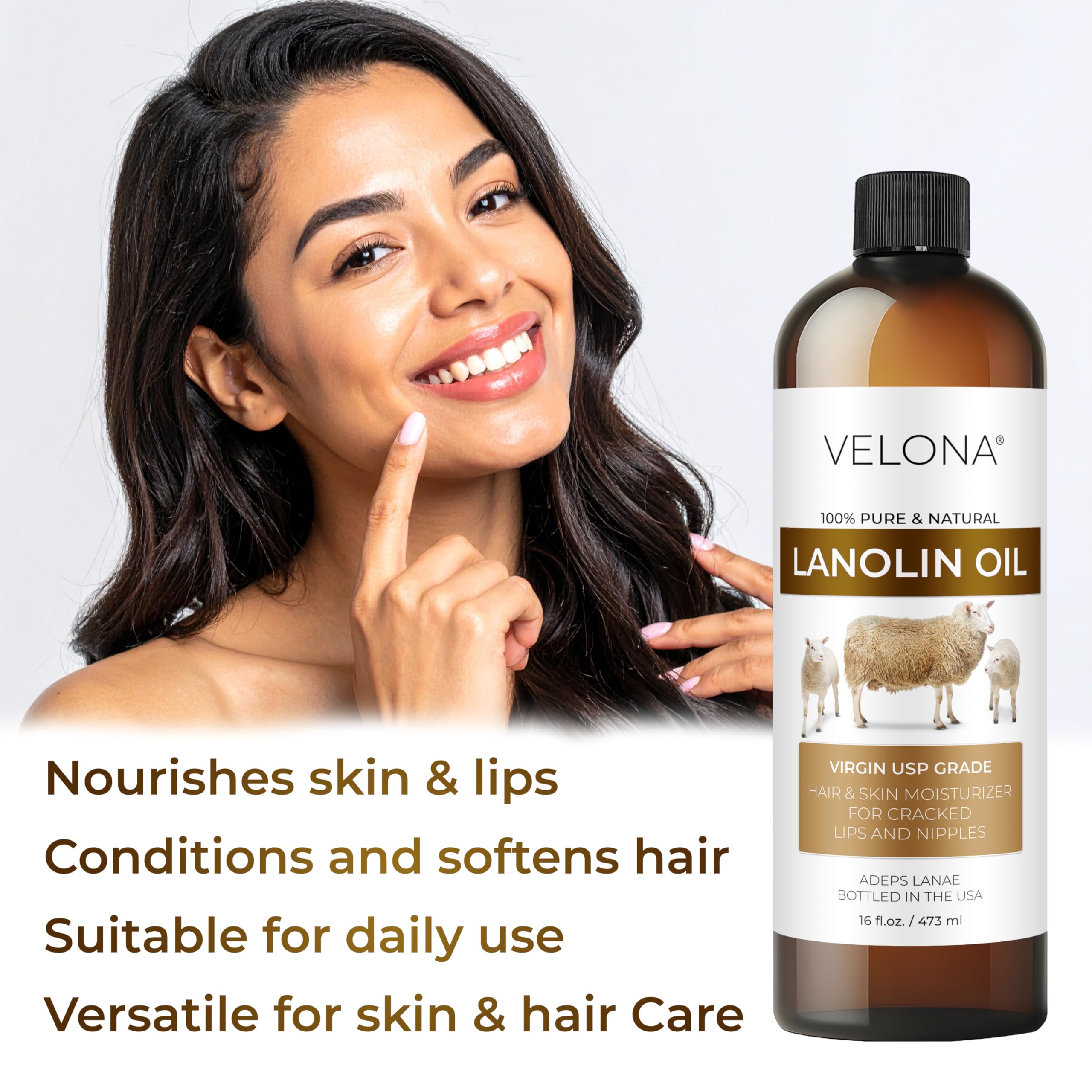 Velona Lanolin Oil lip and nail care scene suggests smooth, cared-for lips and nails