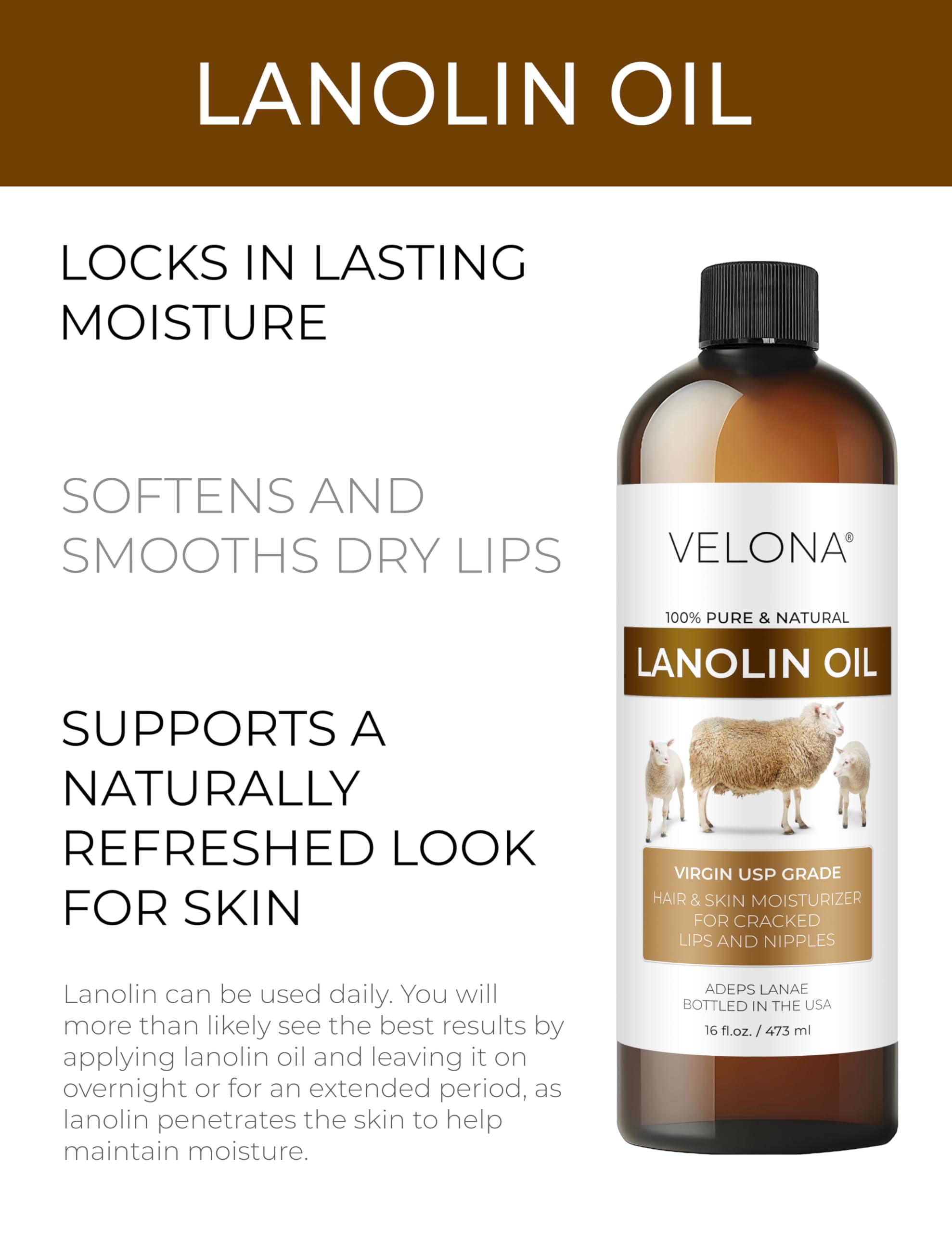 Velona Lanolin Oil texture closeup highlights a silky, fragrance-free moisturizer