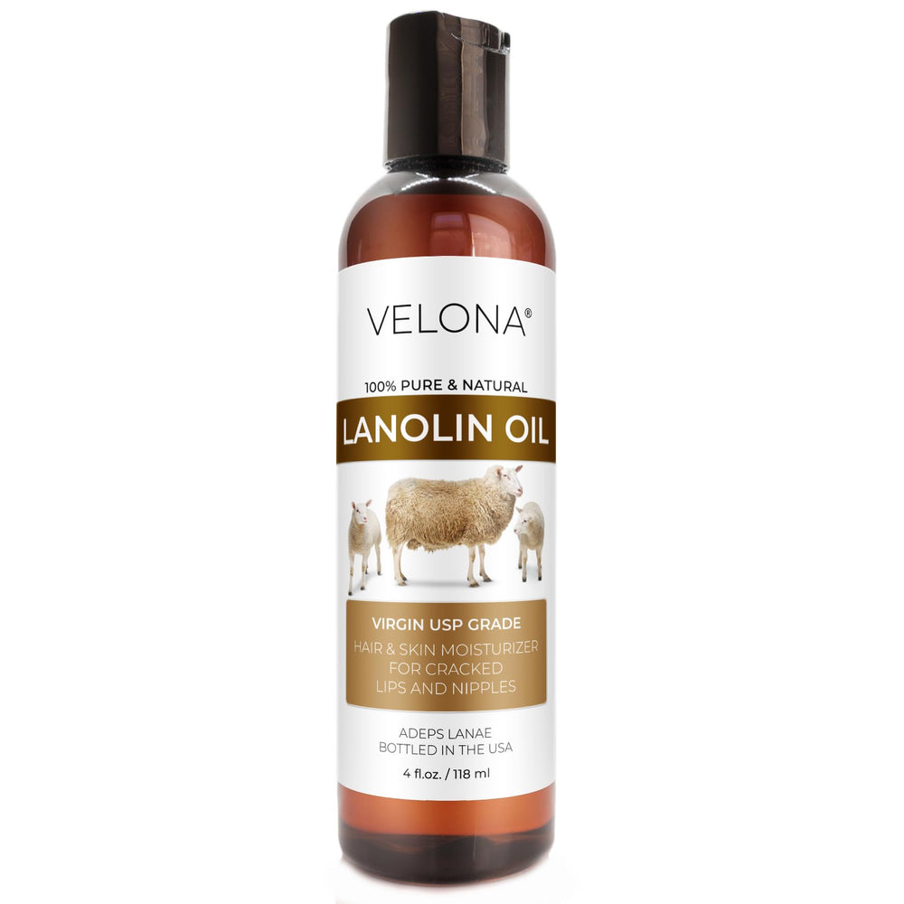 Velona Lanolin Oil USP bottle shows pure refined oil for skin hydration and hair softness.