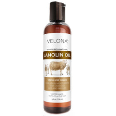 Velona Lanolin Oil USP bottle shows pure refined oil for skin hydration and hair softness.